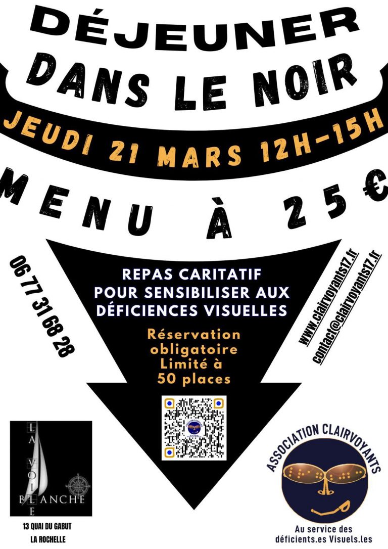 Déjeuner dans le noir le jeudi 21 mars 2024 au Restaurant la Voile Blanche, attention, sans doute vaut-il mieux éviter la chemise blanche ce soir là... Quizz, dégustation aveugle, etc.