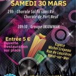 Concert caritatif du samedi 30 mars à Nieul avec en première première partie les chorales de Charlotte, et en deuxième partie le groupe de Sophie. Et oui, nous avons des administratrices musiciennes...
