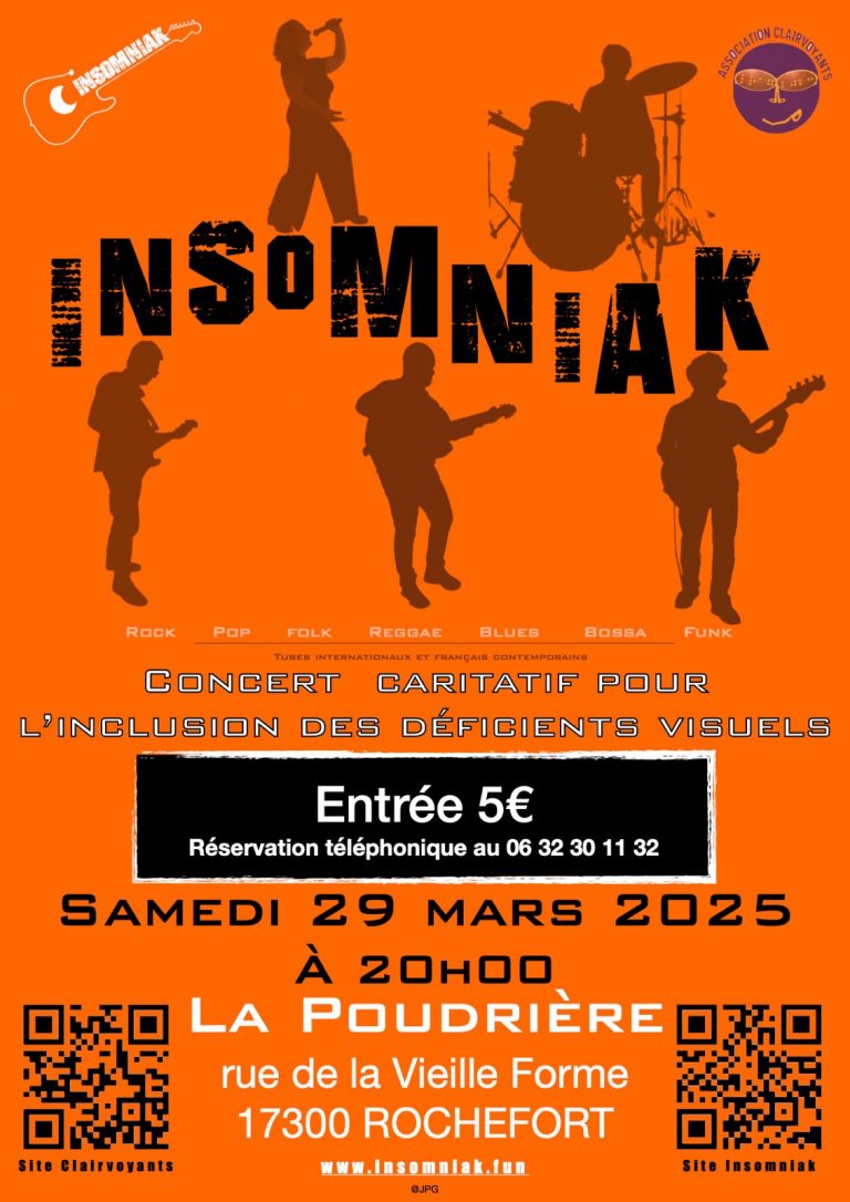 Concert Insomniak au profit des Clairvoyants le samedi 29 mars 2025 à 20h à la Poudrière (Rochefort)