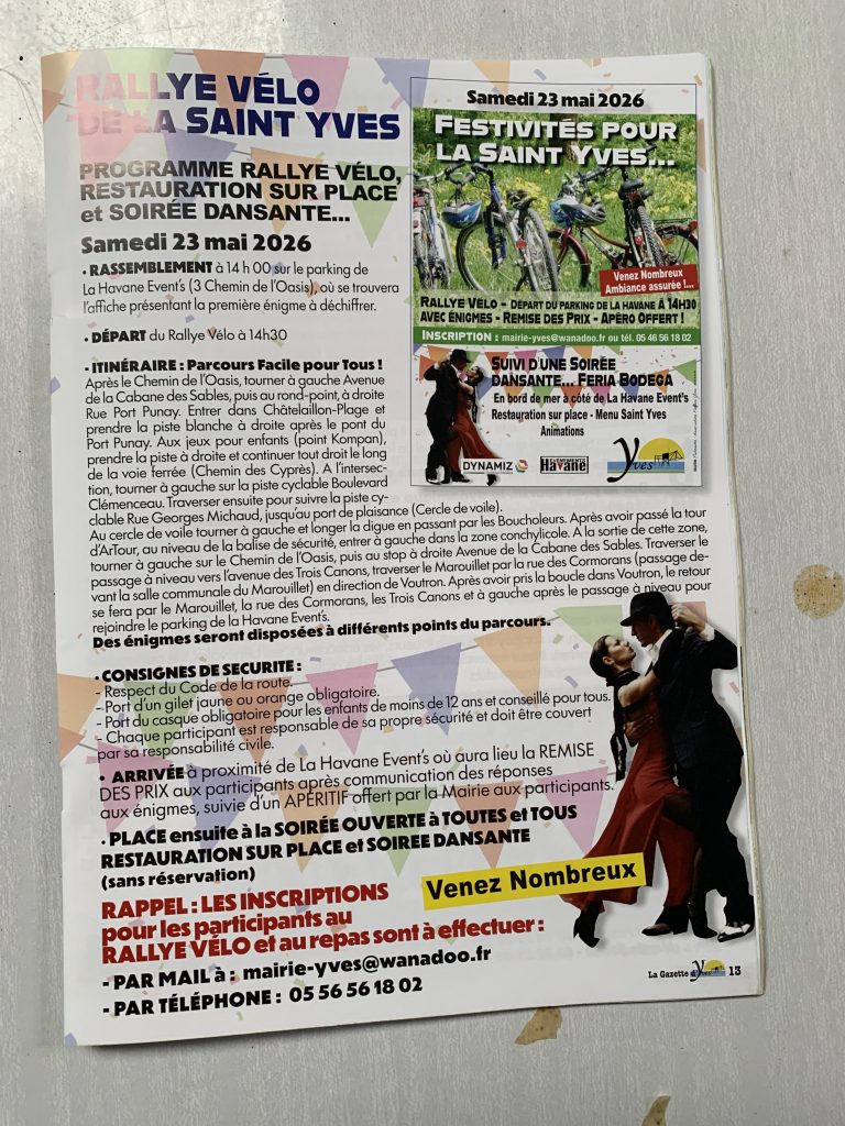 Rallye Vélo la Saint-Yves le samedi 23 mai, suivi de soirée dansante, , organisation en cours